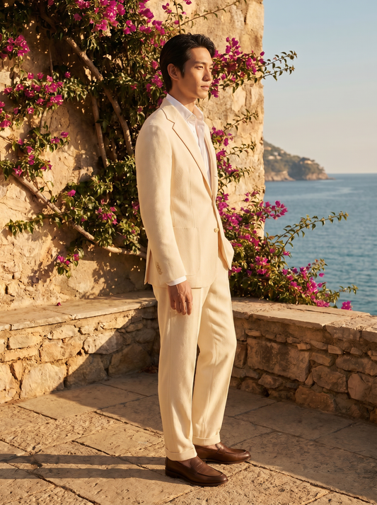 Cream Wool Groomsmen Suit — Custom Made to Measure - side view