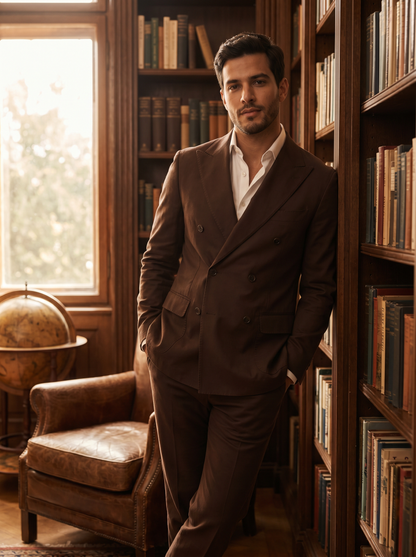 Deep Chocolate Brown Cotton Double Breasted Suit — Custom Made to Measure - front view