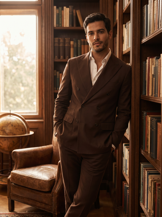 Deep Chocolate Brown Cotton Double Breasted Suit — Custom Made to Measure - front view