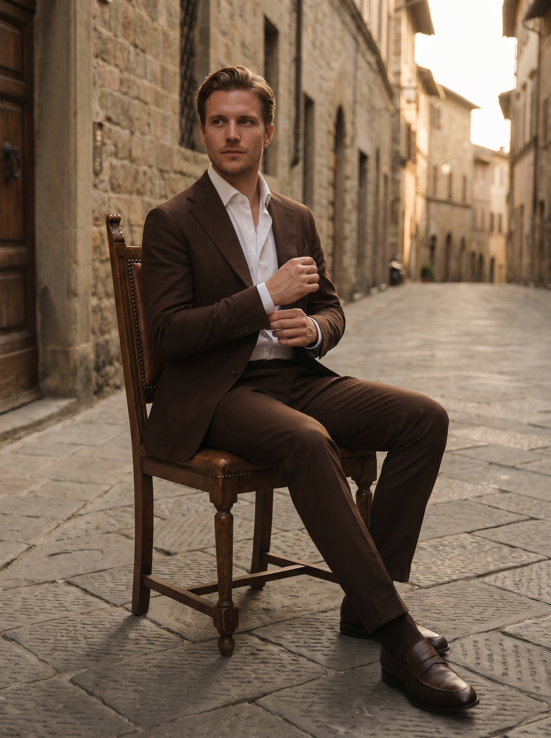 Deep Chocolate Brown Cotton Suit — Custom Made to Measure - seated view