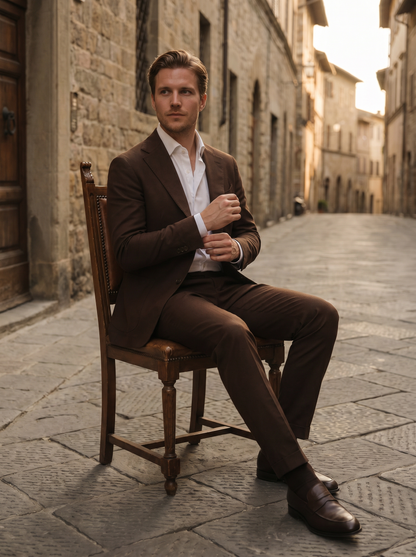 Deep Chocolate Brown Cotton Suit — Custom Made to Measure - seated view