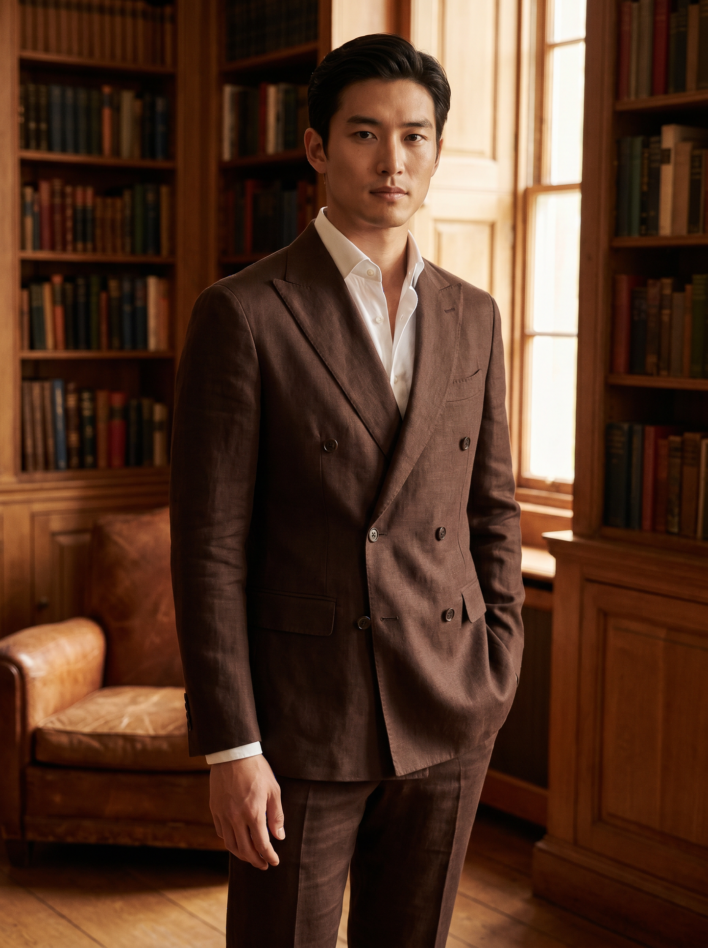 Deep Chocolate Brown Linen Double Breasted Suit — Custom Made to Measure - front view