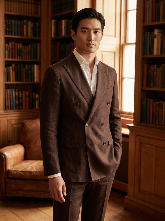 Deep Chocolate Brown Linen Double Breasted Suit — Custom Made to Measure - front view