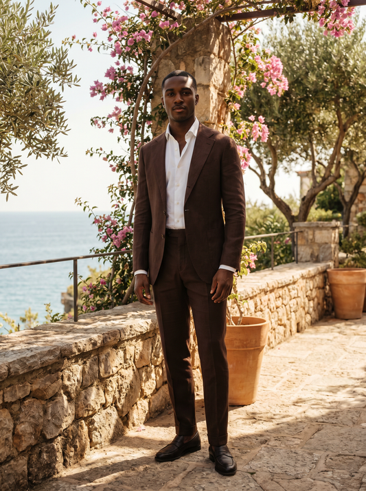 Deep Chocolate Brown Linen Groomsmen Suit — Custom Made to Measure - front view