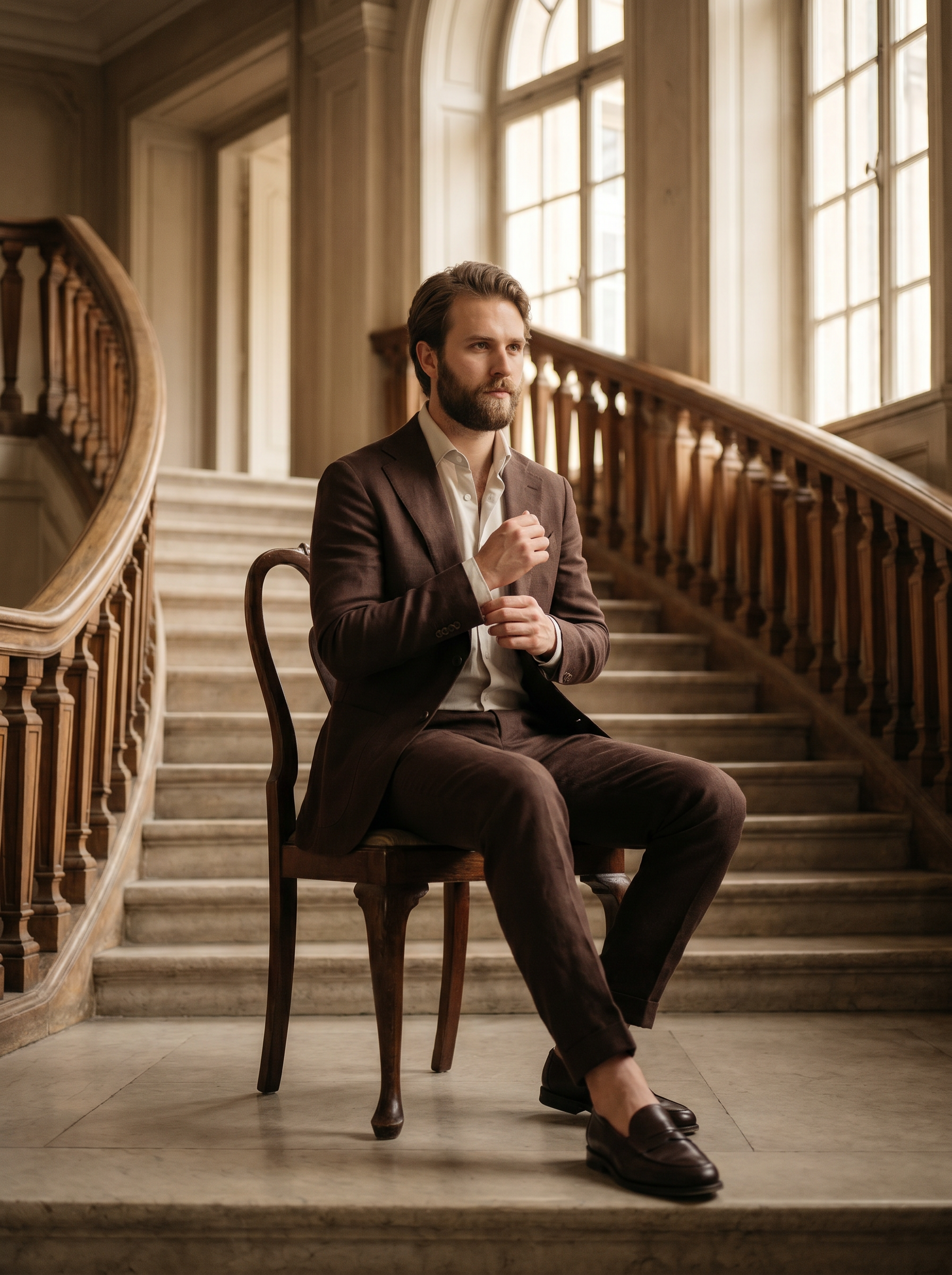 Deep Chocolate Brown Linen Suit — Custom Made to Measure - seated view