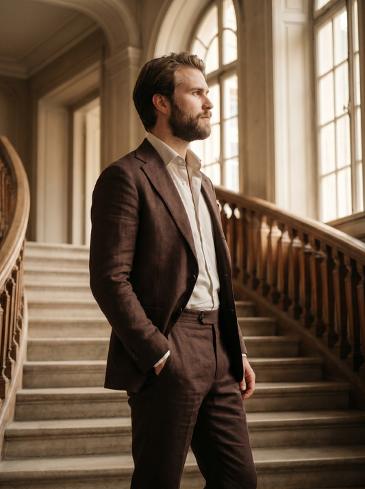 Deep Chocolate Brown Linen Suit — Custom Made to Measure - side view