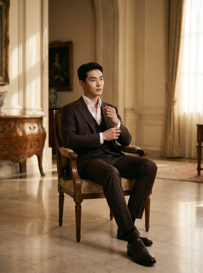 Deep Chocolate Brown Silk Blend 3-Piece Suit — Custom Made to Measure - seated view
