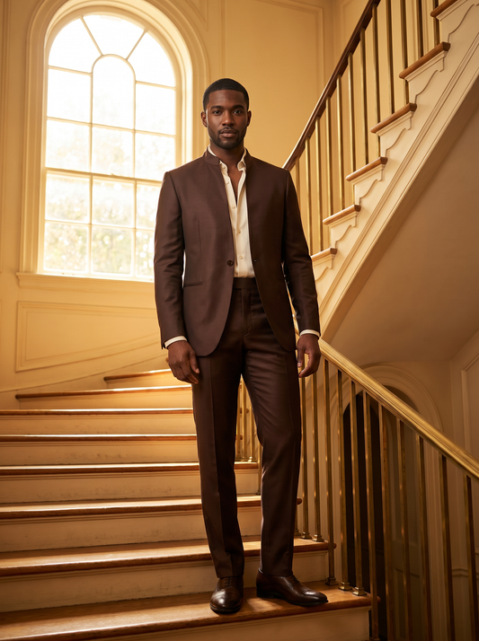Deep Chocolate Brown Silk Blend Mandarin Collar Suit — Custom Made to Measure - front view