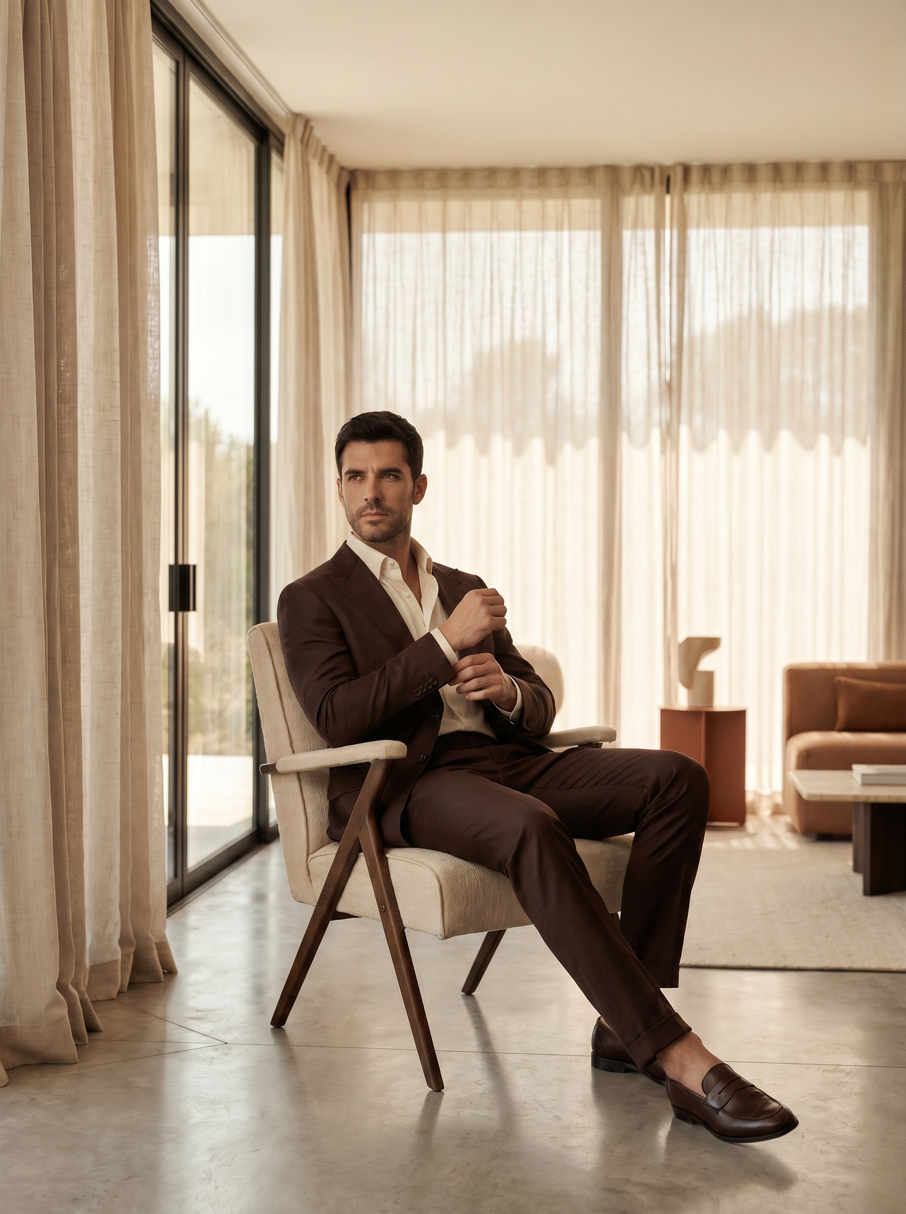 Deep Chocolate Brown Silk Blend Suit — Custom Made to Measure - seated view