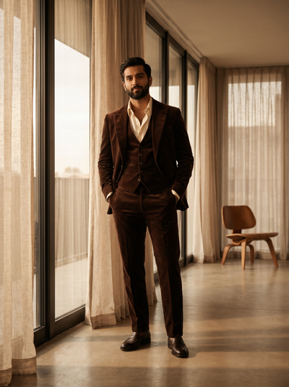 Deep Chocolate Brown Velvet 3-Piece Suit — Custom Made to Measure - front view