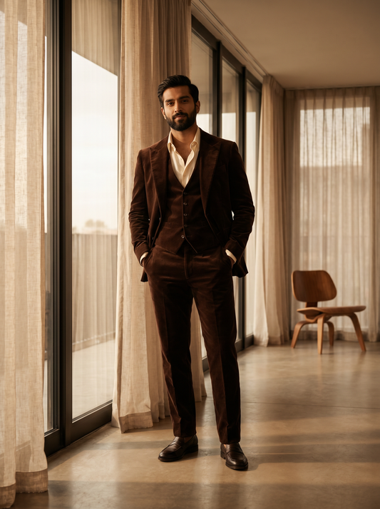 Deep Chocolate Brown Velvet 3-Piece Suit — Custom Made to Measure - front view