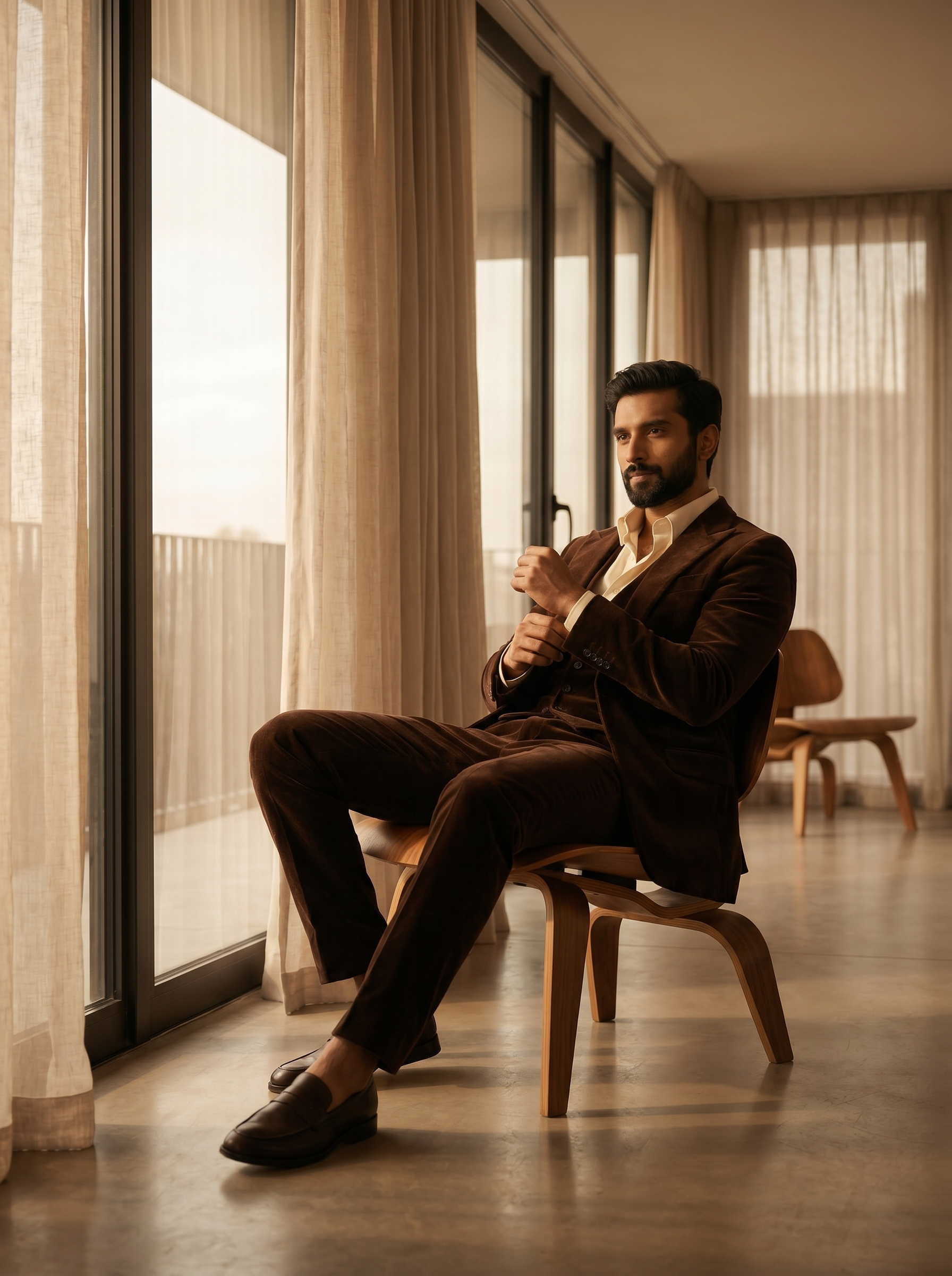 Deep Chocolate Brown Velvet 3-Piece Suit — Custom Made to Measure - seated view