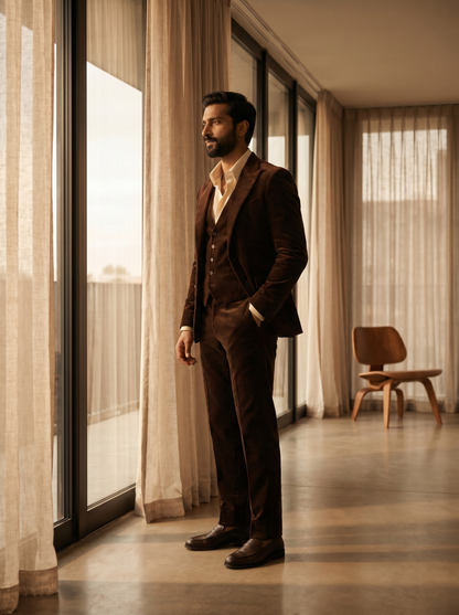 Deep Chocolate Brown Velvet 3-Piece Suit — Custom Made to Measure - side view