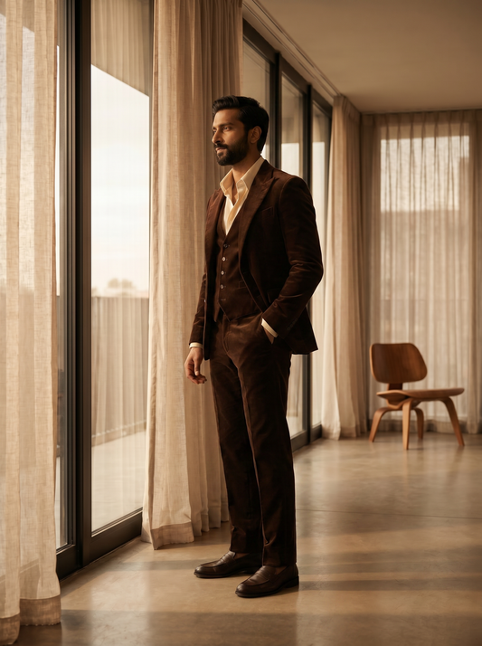 Deep Chocolate Brown Velvet 3-Piece Suit — Custom Made to Measure - side view