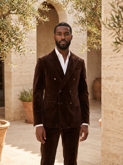 Deep Chocolate Brown Velvet Double Breasted Suit — Custom Made to Measure - front view