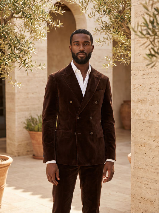 Deep Chocolate Brown Velvet Double Breasted Suit — Custom Made to Measure - front view