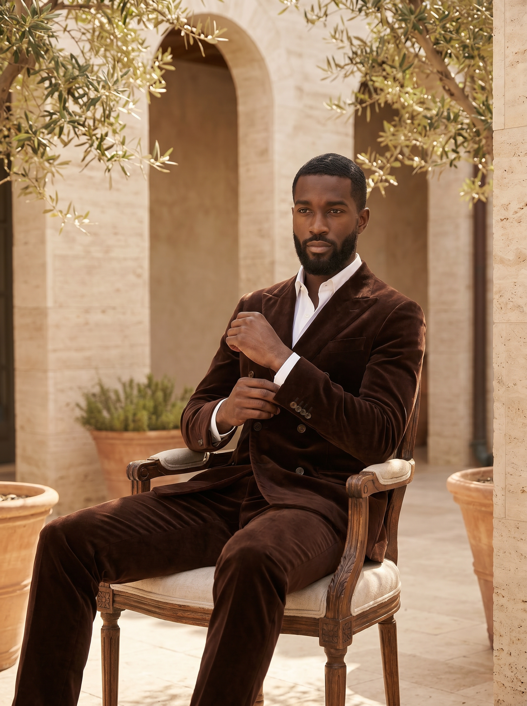 Deep Chocolate Brown Velvet Double Breasted Suit — Custom Made to Measure - seated view