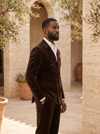 Deep Chocolate Brown Velvet Double Breasted Suit — Custom Made to Measure - side view