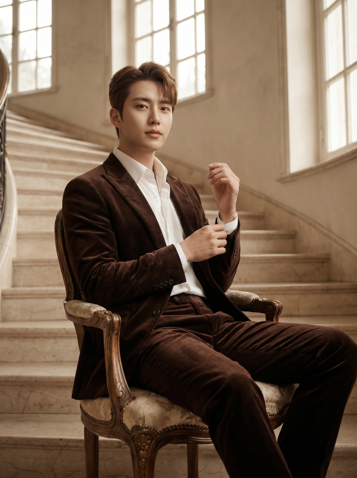 Deep Chocolate Brown Velvet Groomsmen Suit — Custom Made to Measure - seated view