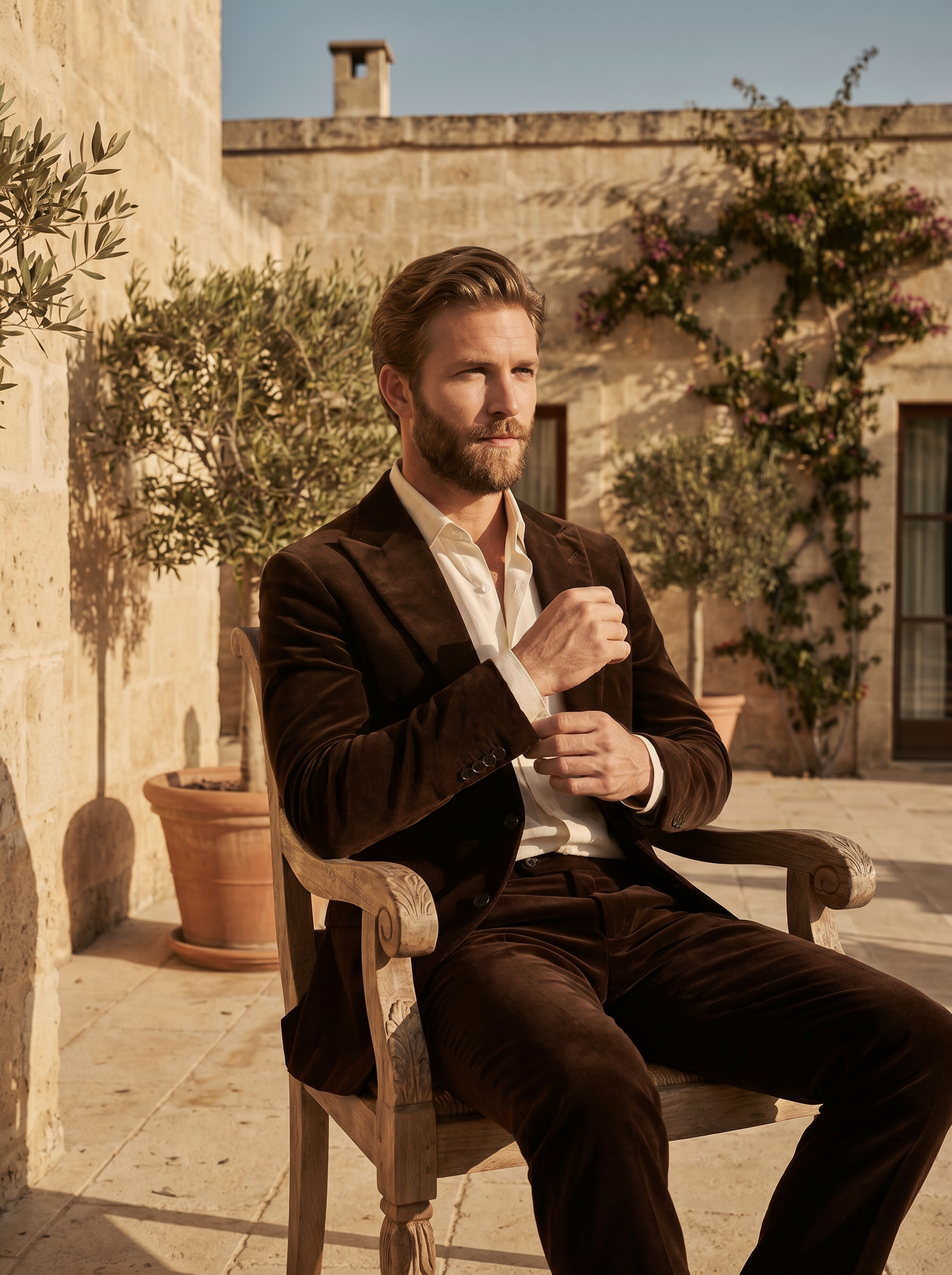 Deep Chocolate Brown Velvet Suit — Custom Made to Measure - seated view