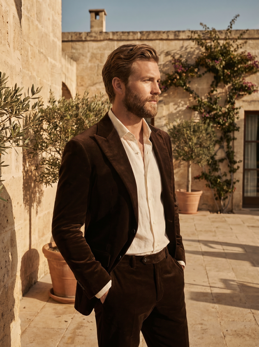Deep Chocolate Brown Velvet Suit — Custom Made to Measure - side view