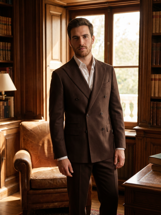 Deep Chocolate Brown Wool Double Breasted Suit — Custom Made to Measure - front view