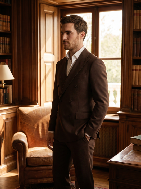 Deep Chocolate Brown Wool Double Breasted Suit — Custom Made to Measure - side view