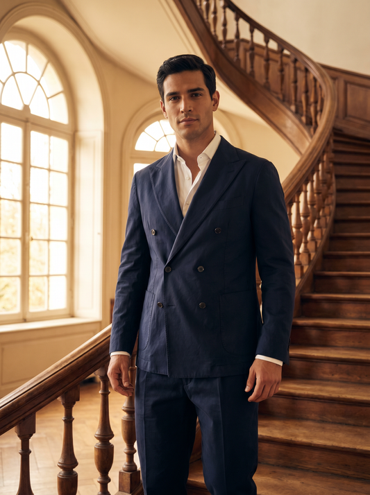 Deep Navy Cotton Double Breasted Suit — Custom Made to Measure - front view
