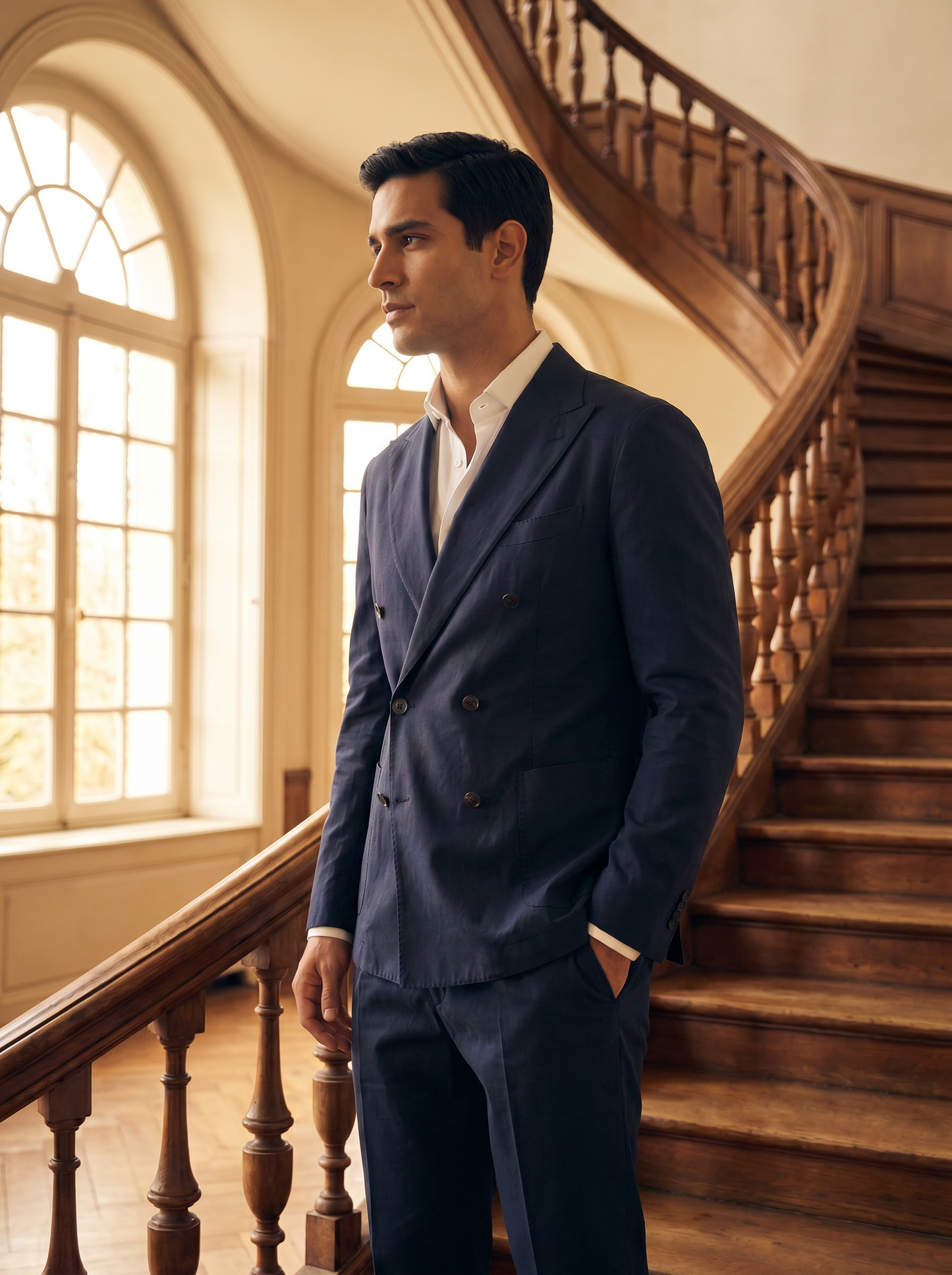 Deep Navy Cotton Double Breasted Suit — Custom Made to Measure - side view
