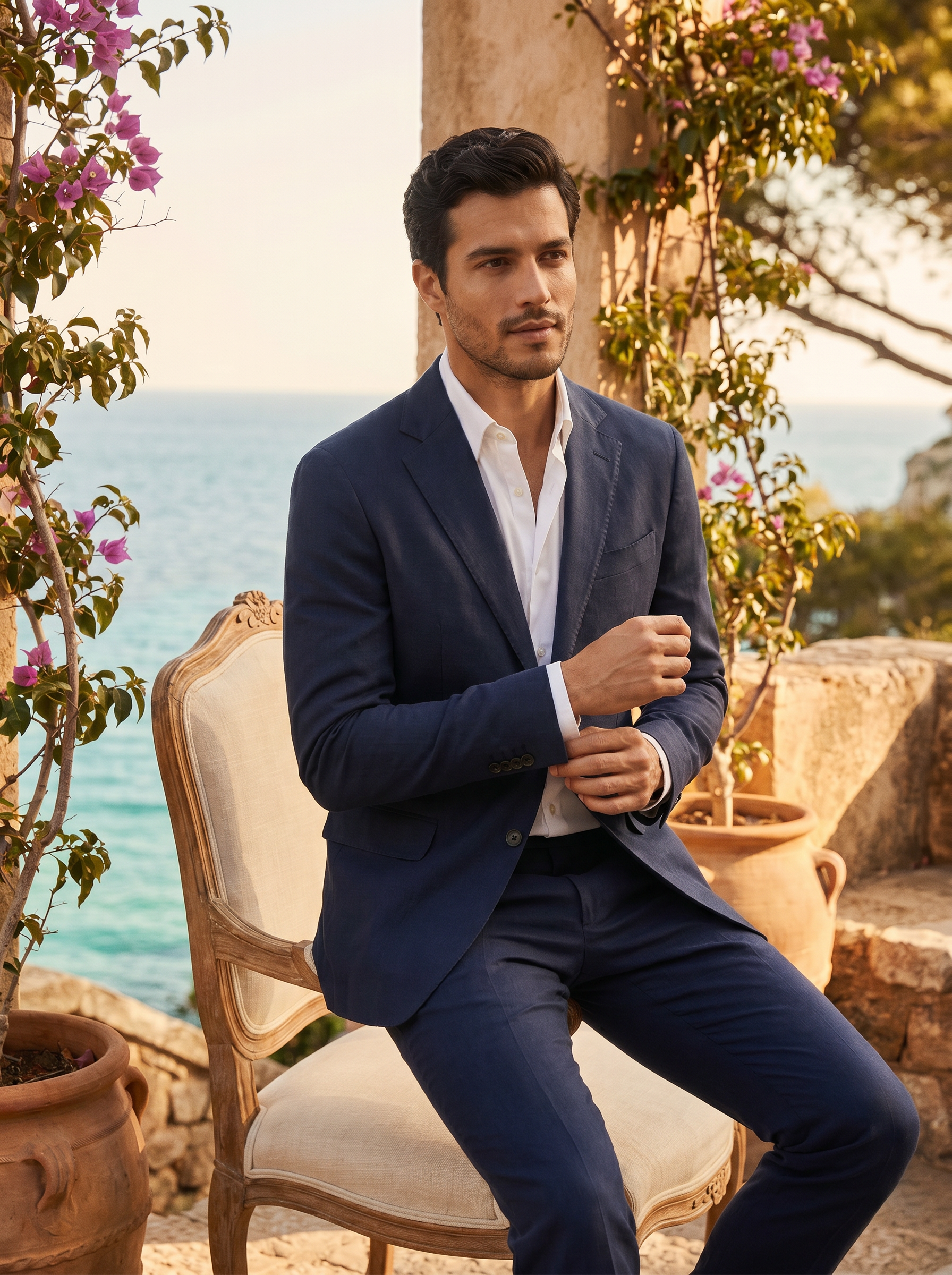 Deep Navy Cotton Groomsmen Suit — Custom Made to Measure - seated view