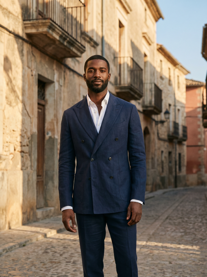 Deep Navy Linen Double Breasted Suit — Custom Made to Measure - front view