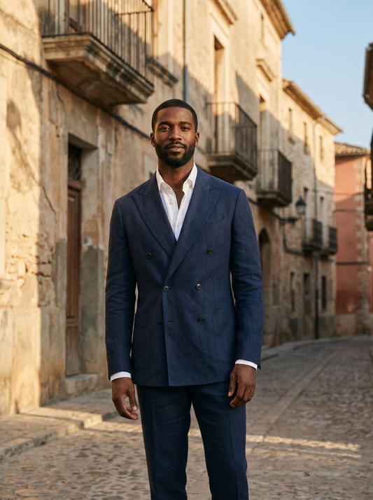 Deep Navy Linen Double Breasted Suit — Custom Made to Measure - front view