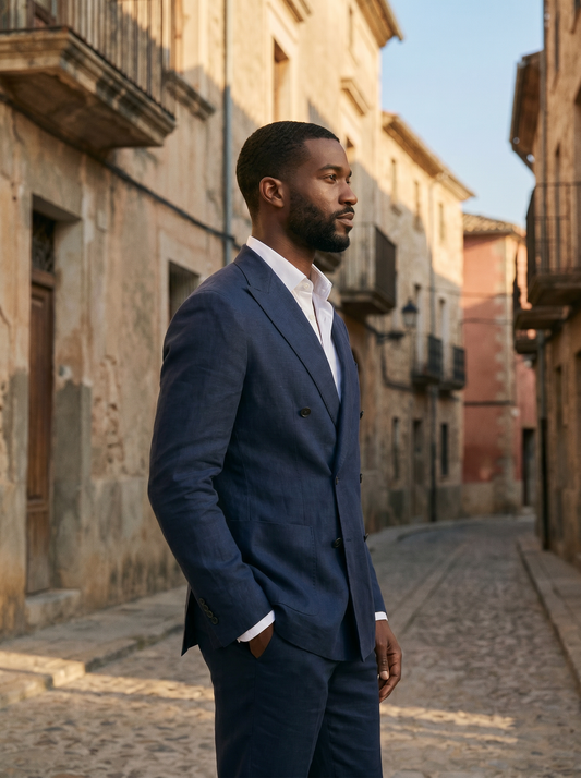 Deep Navy Linen Double Breasted Suit — Custom Made to Measure - side view