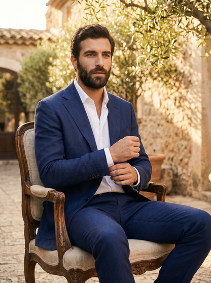Deep Navy Linen Groomsmen Suit — Custom Made to Measure - seated view