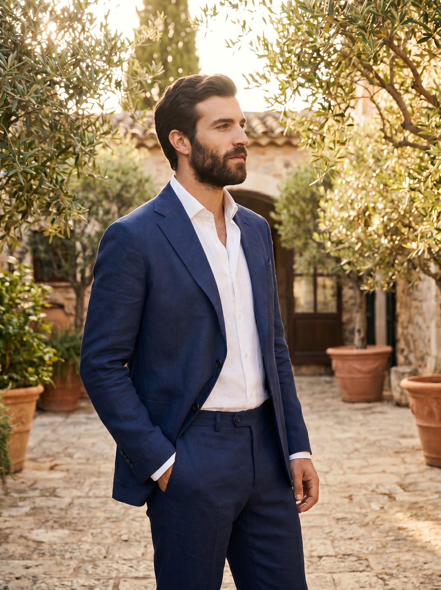 Deep Navy Linen Groomsmen Suit — Custom Made to Measure - side view