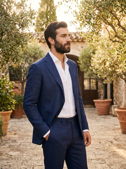 Deep Navy Linen Groomsmen Suit — Custom Made to Measure - side view