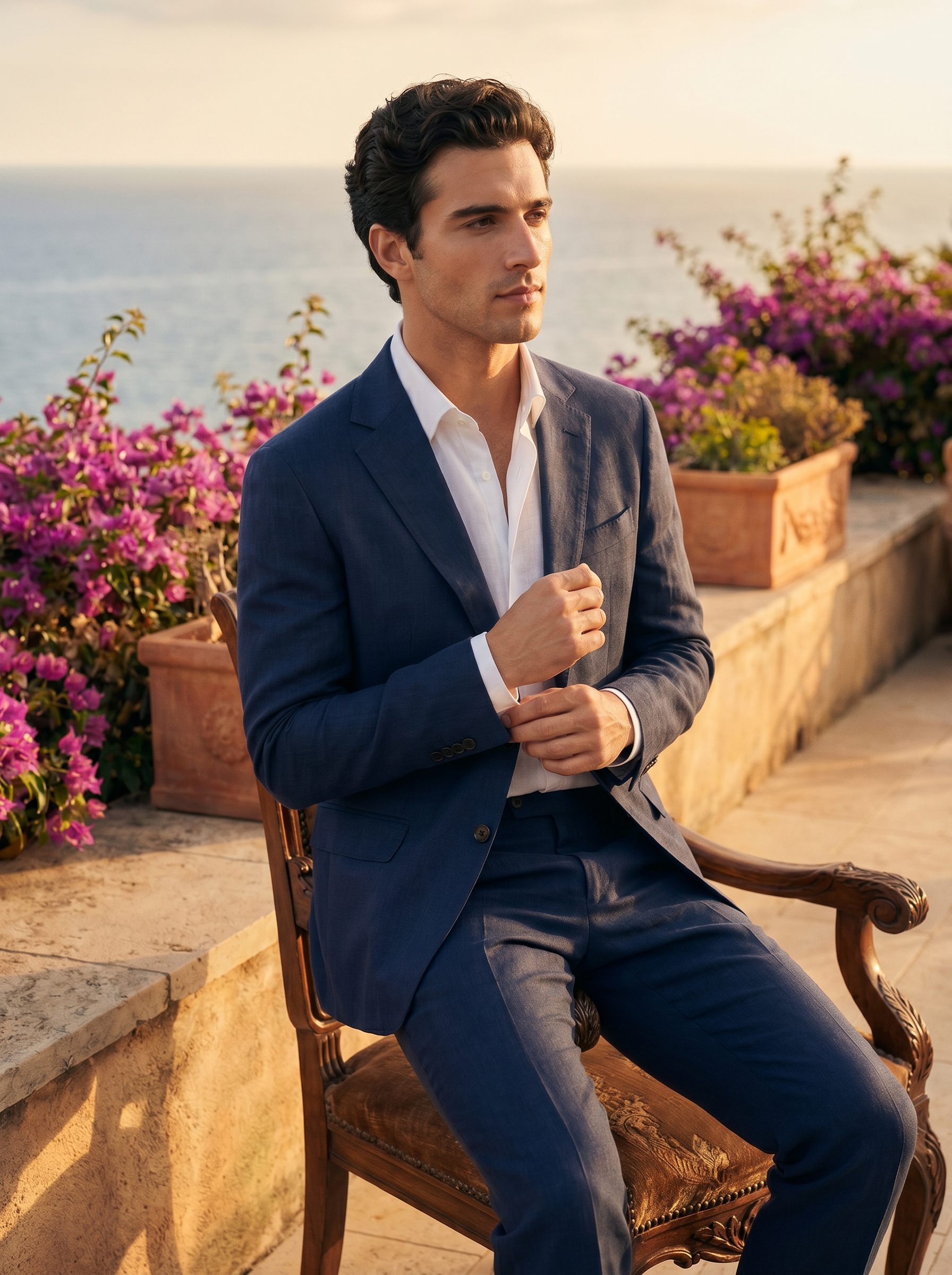 Deep Navy Linen Suit — Custom Made to Measure - seated view