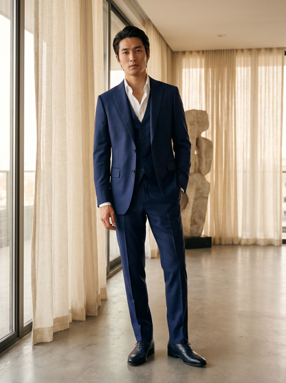 Deep Navy Silk Blend 3-Piece Suit — Custom Made to Measure - front view