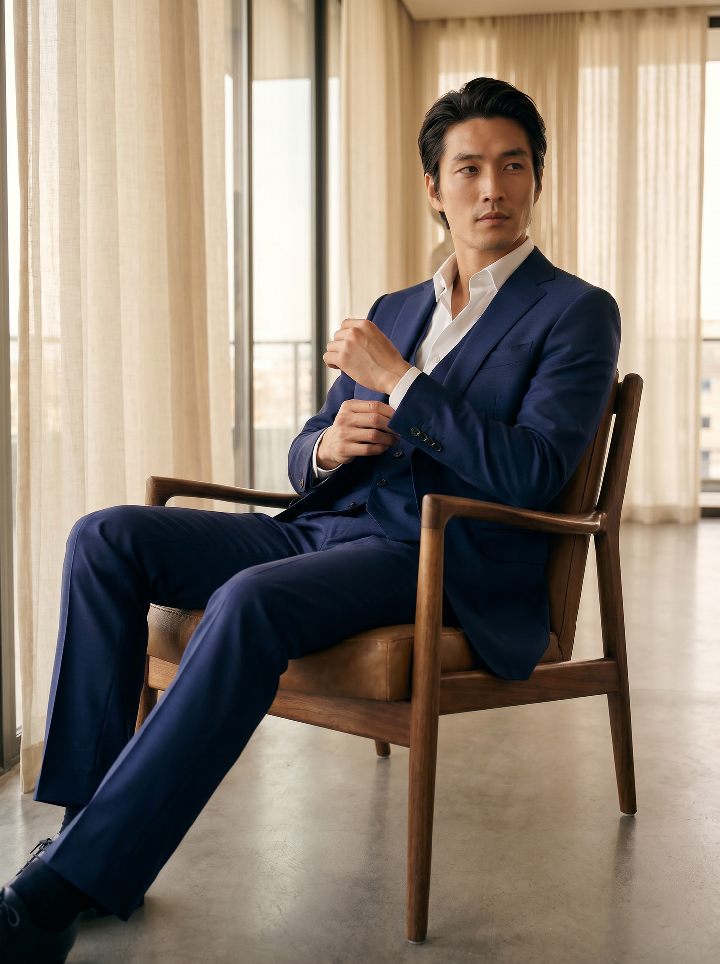 Deep Navy Silk Blend 3-Piece Suit — Custom Made to Measure - seated view