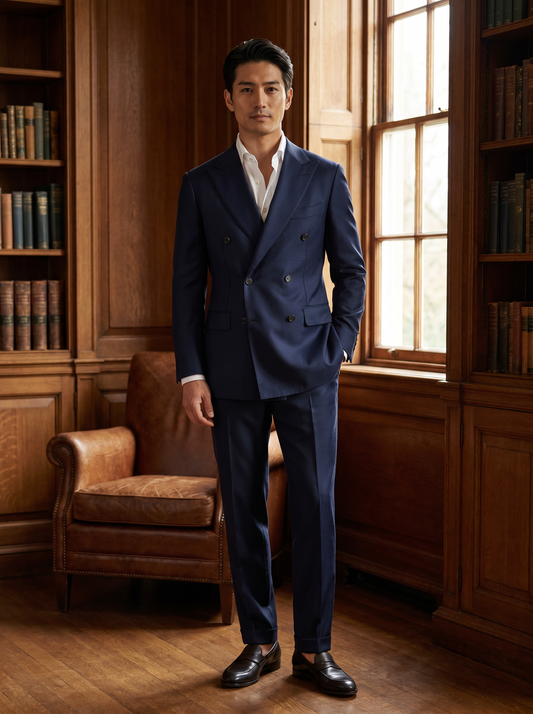 Deep Navy Silk Blend Double Breasted Suit — Custom Made to Measure - front view