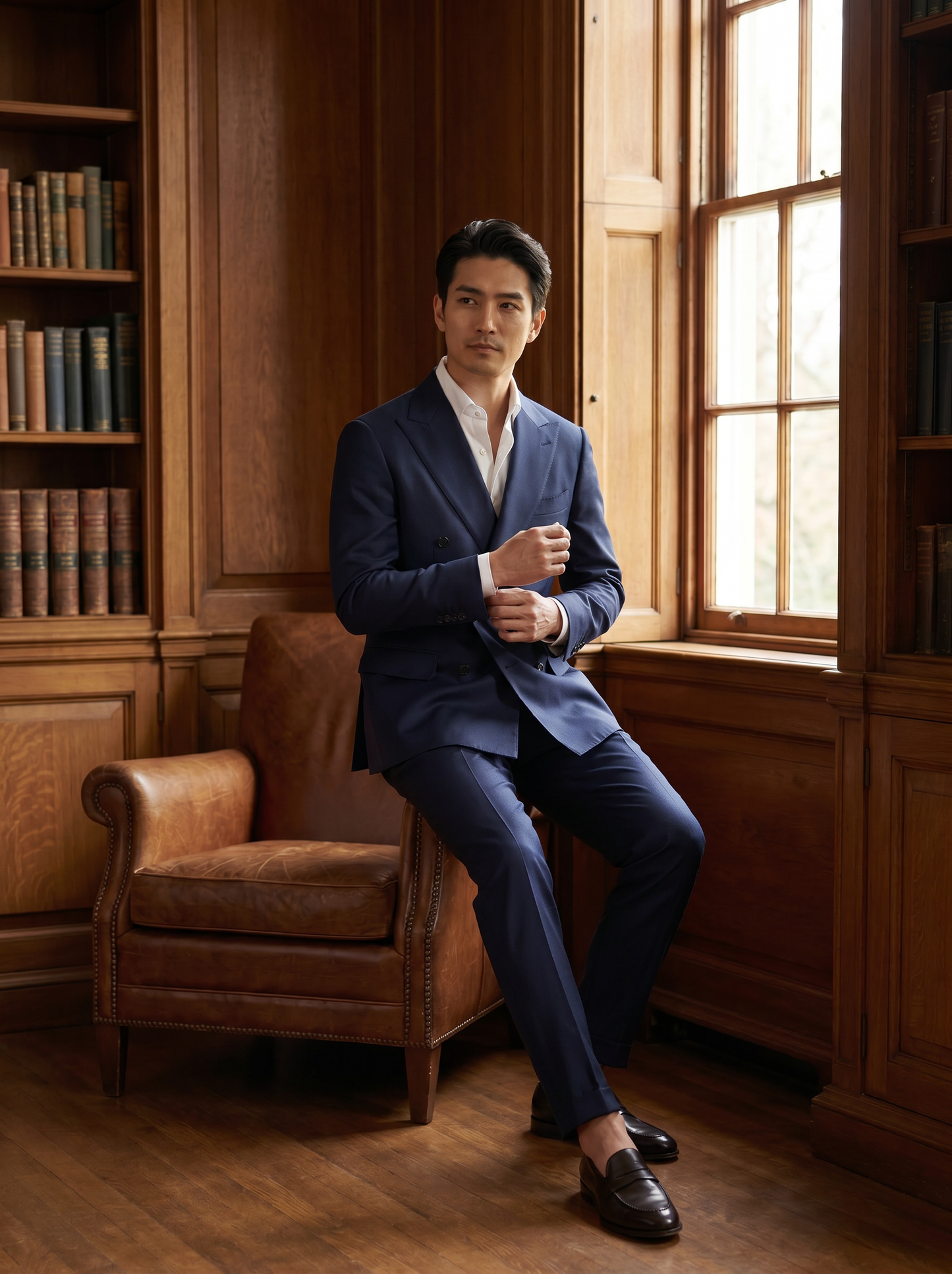 Deep Navy Silk Blend Double Breasted Suit — Custom Made to Measure - seated view