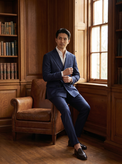 Deep Navy Silk Blend Double Breasted Suit — Custom Made to Measure - seated view