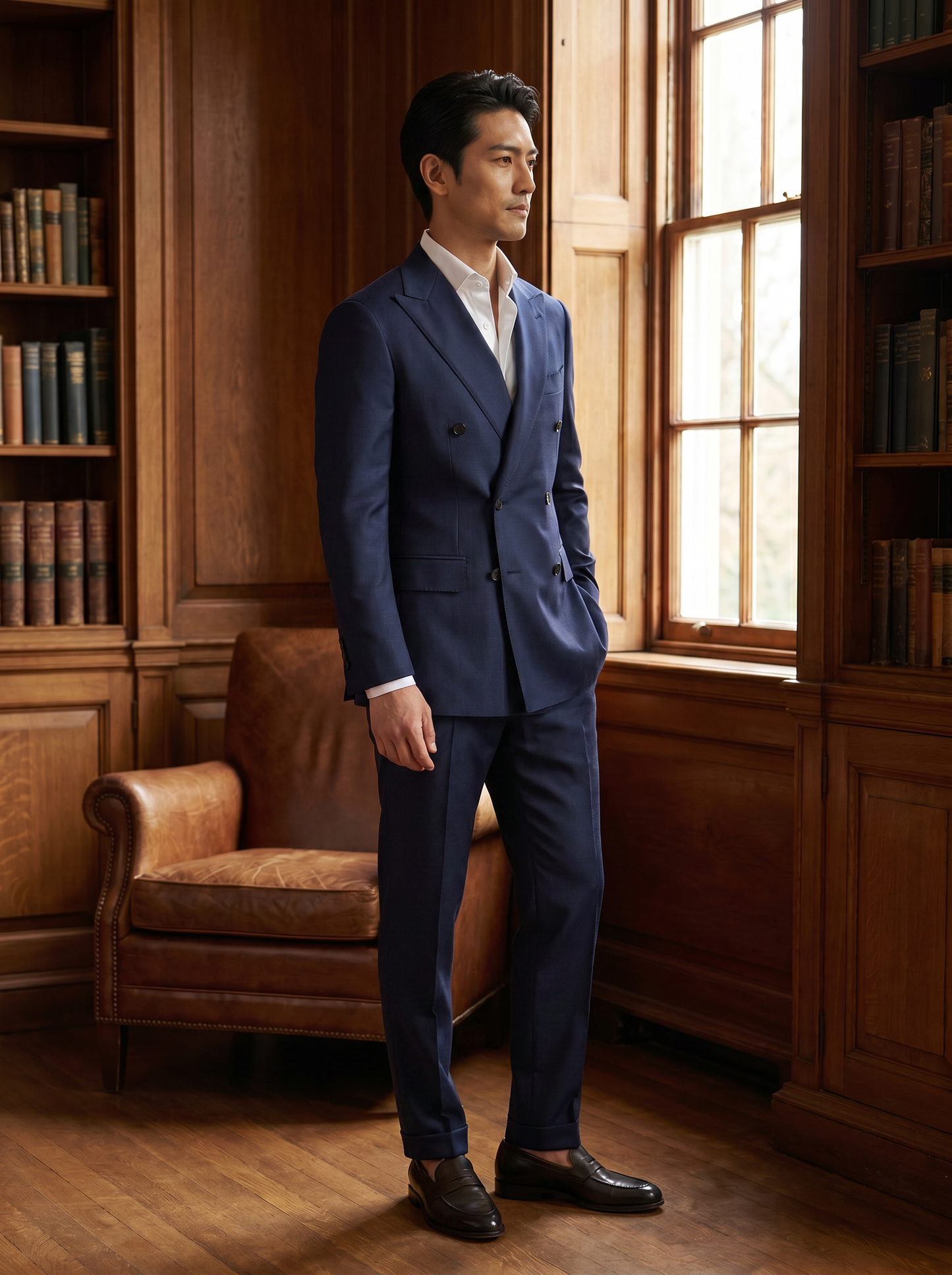 Deep Navy Silk Blend Double Breasted Suit — Custom Made to Measure - side view