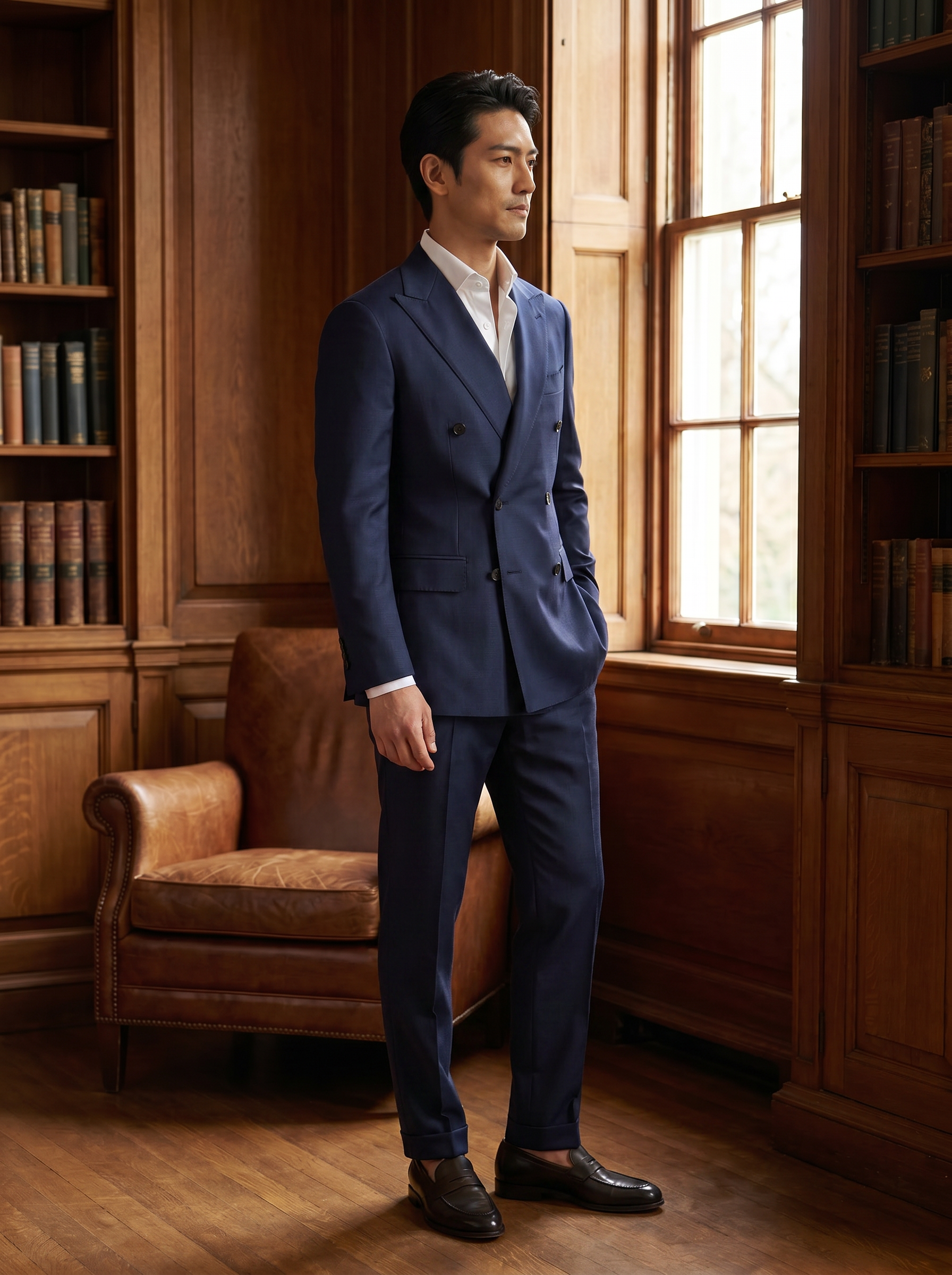 Deep Navy Silk Blend Double Breasted Suit — Custom Made to Measure - side view