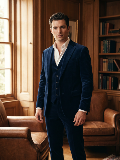 Deep Navy Velvet 3-Piece Suit — Custom Made to Measure - front view