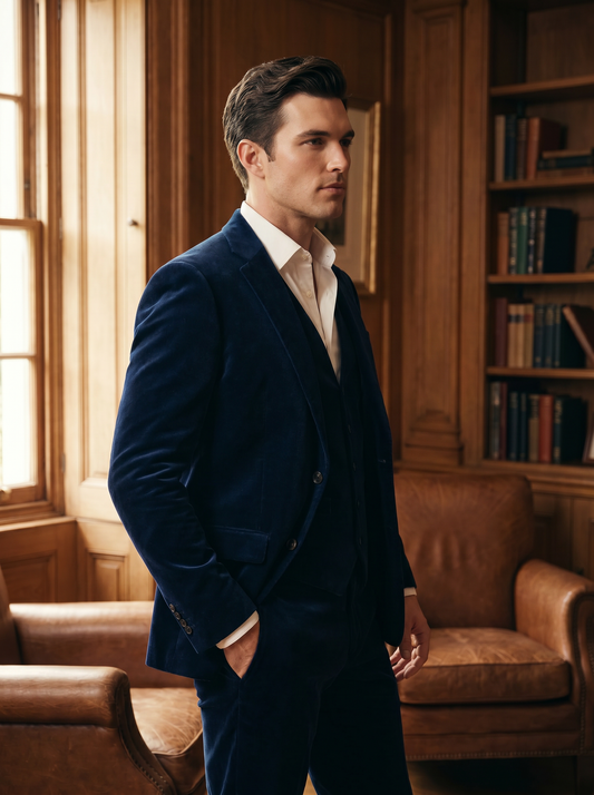 Deep Navy Velvet 3-Piece Suit — Custom Made to Measure - side view