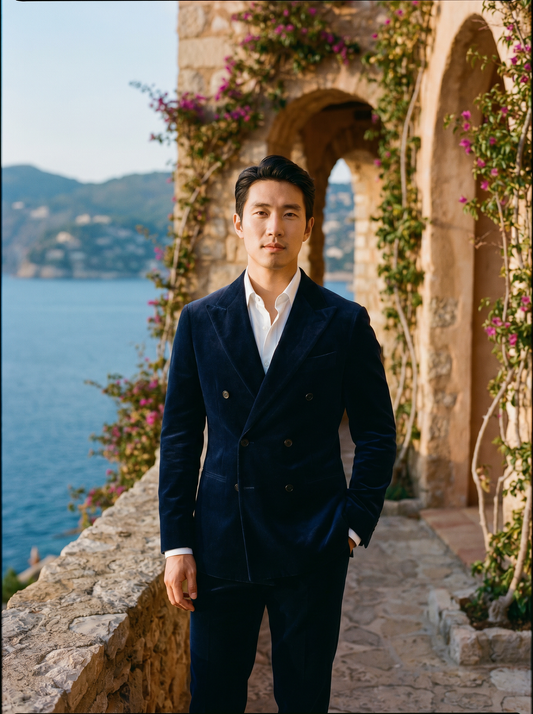 Deep Navy Velvet Double Breasted Suit — Custom Made to Measure - front view