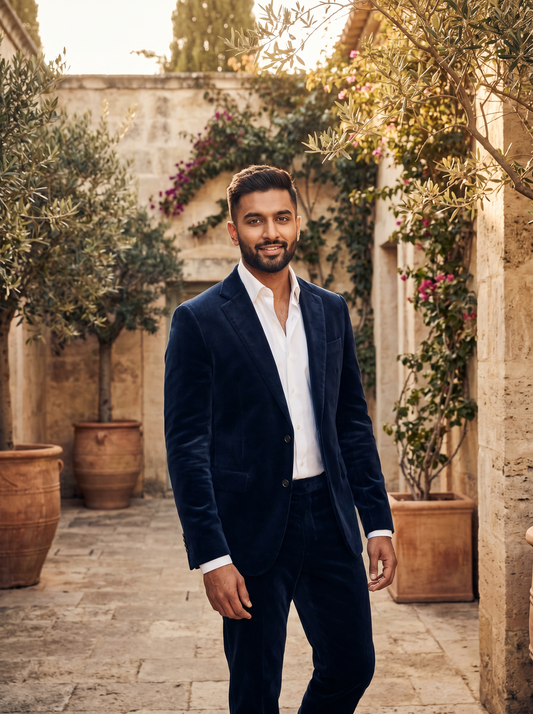 Deep Navy Velvet Groomsmen Suit — Custom Made to Measure - front view