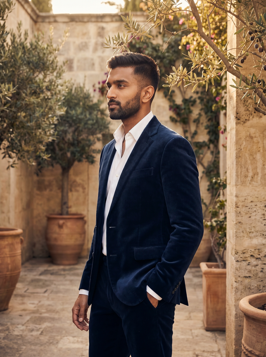 Deep Navy Velvet Groomsmen Suit — Custom Made to Measure - side view