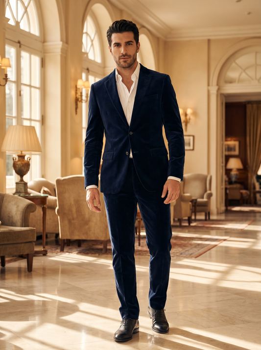 Deep Navy Velvet Suit — Custom Made to Measure - front view